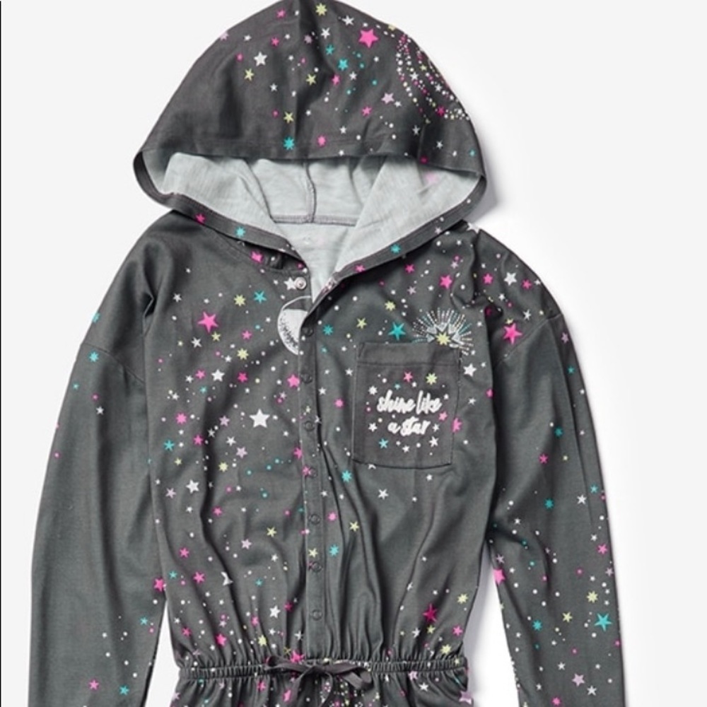 NWT justice pajamas sz 6 “starry night” one piece full zip hood gray white